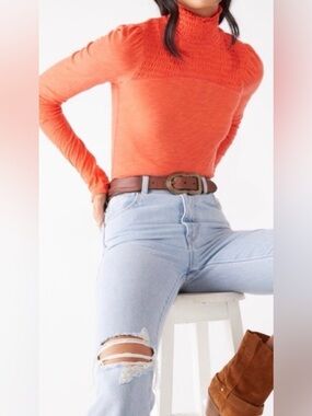 Free People Caroline Mock Neck Long Sleeve Top in Flame Orange Women’s S/M